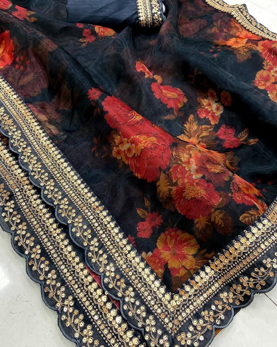 wedding saree indian saree sari designer saree black saree saree dress Pure Orgenza with digital print saree and blouse for women