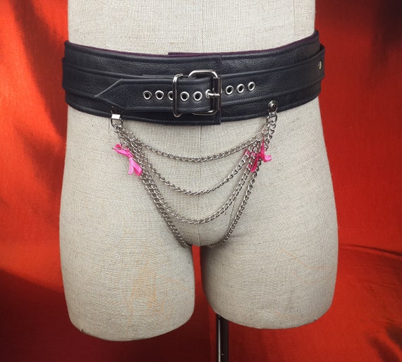 Female Butt Plug Leather Harness With Front Chain Detail. 