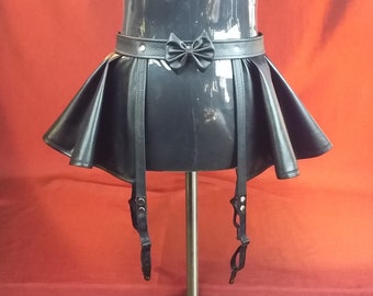 Female Black Leather Garter skirt with 4 garter clips and front Bow Tie.