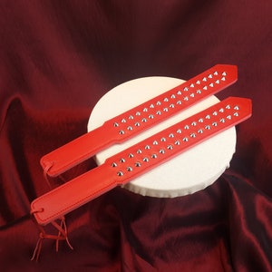 Heavy Red Leather Studded Paddle with red stitching
