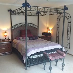 Bondage Bed Wrought Iron 4 poster bed frame with Vine leaf and cast iron head & footboard detail.