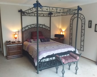 Bondage Bed Wrought Iron 4 poster bed frame with Vine leaf and cast iron head & footboard detail.