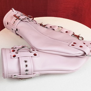 Hand Mitten set with Pale Pink leather wrist belts.