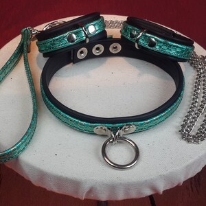 Metallic Green Leather Slave Collar and cuff Set with Chain Leash.