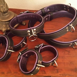 7 Piece Bondage Set with thigh cuffs, wrist & ankle cuffs and O ring slave collar
