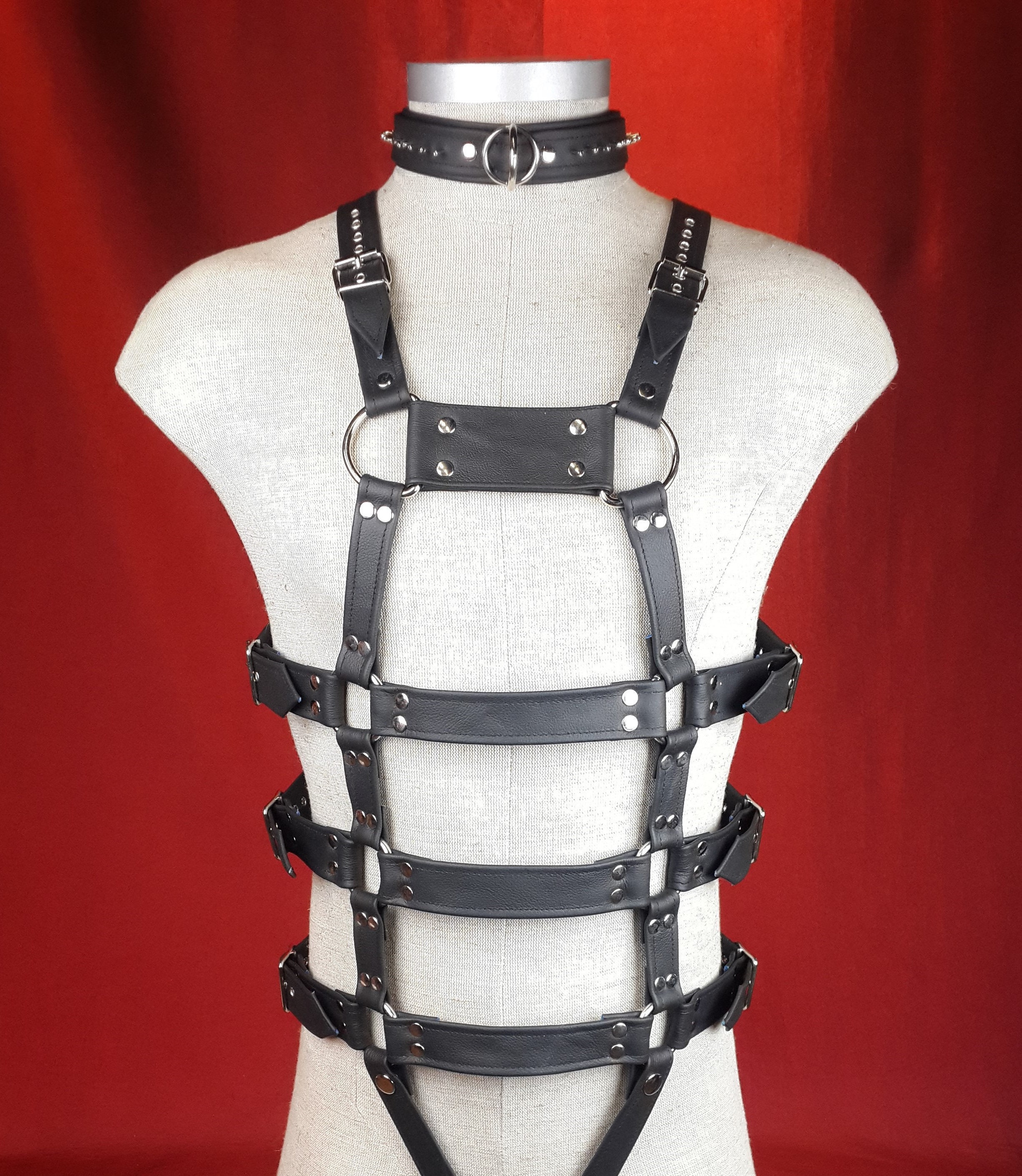 Male full body Harness in fine black sewn leather. Custom handmade leather harness.