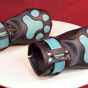 Puppy Play restraint Mitten set with single Turquoise leather wrist belts.