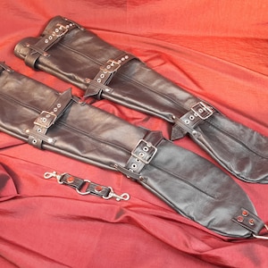 Full Length Black Leather Arm Gloves with belts and buckles.