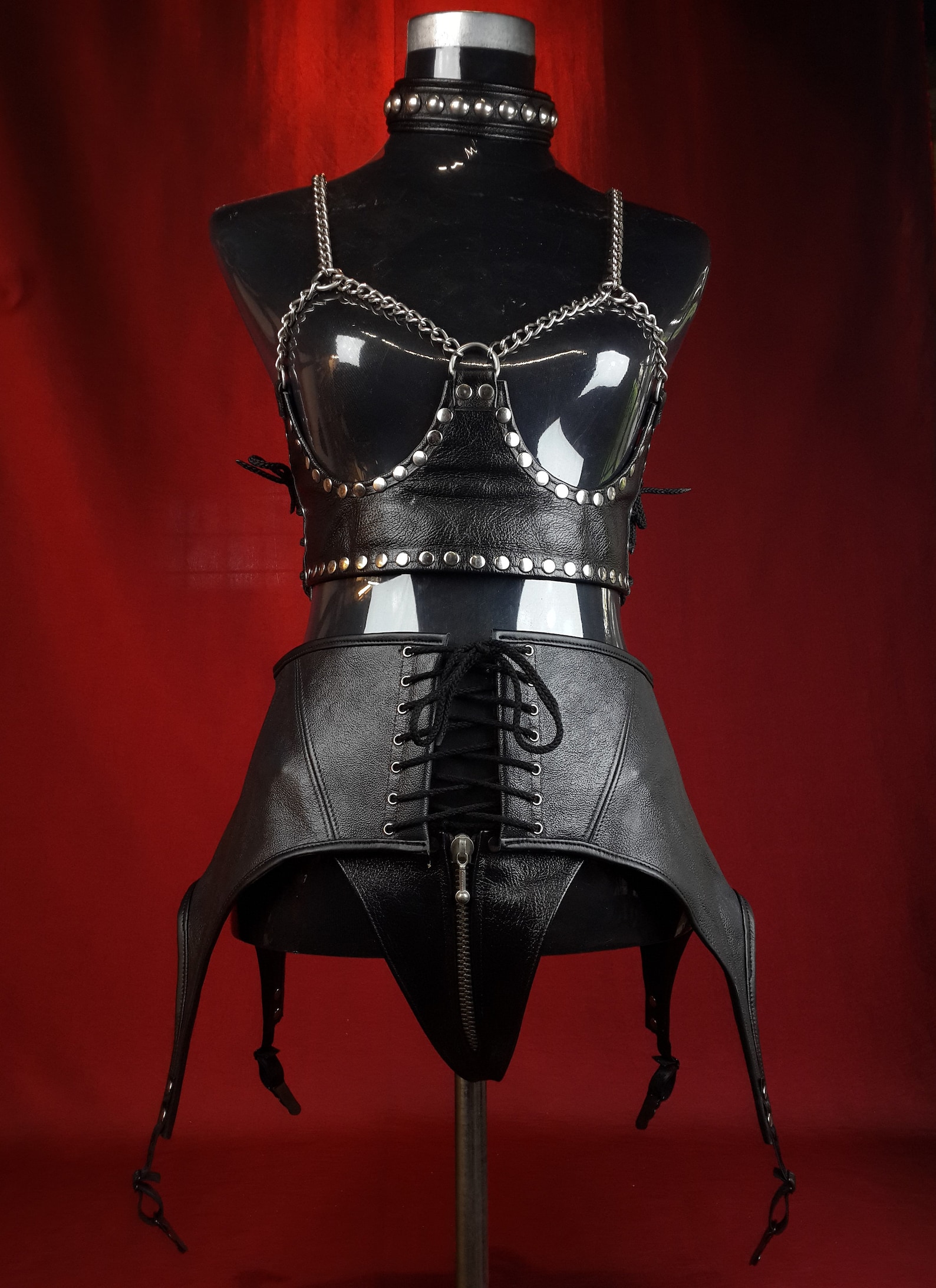 Female Black Leather Chain Strap Top With Open Boobs Detail and Rear