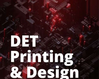 Op de afbeelding: Een abstracte afbeelding in rood en zwart met de tekst "DET Printing & Design" in wit.
