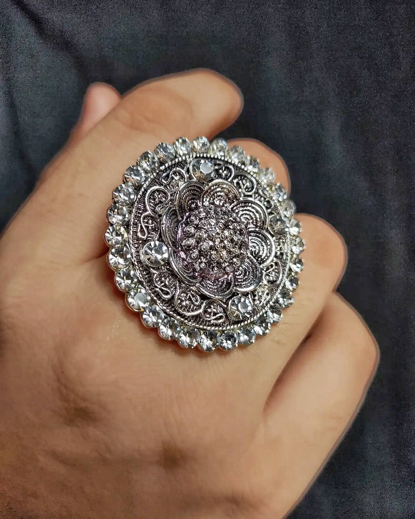 Oxidized SIlver Afghani Blackish Look Pink/Orange Stone Designer Adjustable  Ring for Women and Girls. | K M HandiCrafts India