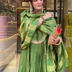 May include: A woman wearing a green dress and shawl with gold trim. The dress has pleats and a decorative neckline. She is holding a gold clutch with a red interior and wearing large earrings and bracelets.