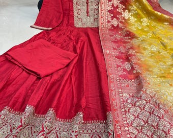 Chanderi Anarkali Suit Set | Banarasi Silk Dupatta | Festive Wear
