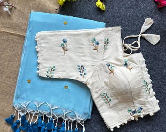 Khadi Cotton Saree with Embroidered Blouse - Pure Cotton Indian Sari Set - Breathable Summer Wedding Wear - Handcrafted Ethnic Dress