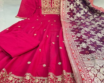 Pink Anarkali Suit Set | Banarasi Silk Dupatta | Festive Indian Wear | Readymade Kurta Set