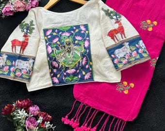 Sari de algodón Khadi bordado con blusa confeccionada.