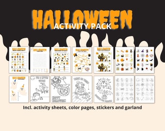 Printable Halloween Activity Pack with games Word Search - Find the way - Coloring pages - Stickers - Printable Instant Download