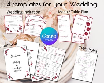 Pacchetto di modelli di matrimonio: invito tascabile, menu+piano del tavolo, regole del tavolo e libro degli ospiti - modello Canva