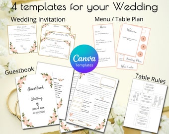 Pacchetto di modelli per matrimonio con rose: invito tascabile, menu+piano del tavolo, regole del tavolo e libro degli ospiti - modello Canva