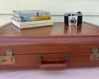 Vintage brown leather Suitcase. Tanners Council of America. Decor, movie prop, decor. Working locks, keys included.