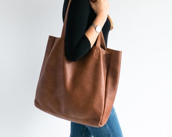 BROWN OVERSIZE SHOPPER Bag, Brown Leather Shopper, Large Shopper Bag, Leather Laptop Bag, Leather Handbag, Bag for Work, Everyday Tote