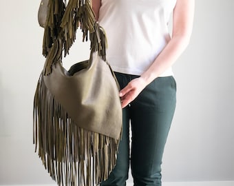 Bohemian Olive Green Leather Bag with Long Fringes, Handmade Green Crossbody Purse, Hippie Western Style Shoulder Bag, Olive Fringe Bag