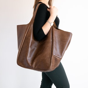 GROSSE dunkelbraunes Leder Tragetasche, Old Look Braune Handtasche für Frauen, Distressed Tasche, Slouchy Tote Frauen Leder Weekender Oversized Bag