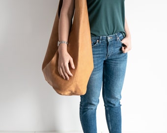 Tan BOHO Bag, Leather HIPPIE Bag, Women’s Hobo Bag, Bohemian Oversized Hippie Purse, Yellow Hippie Style ShoulderBag, Hobo Bag