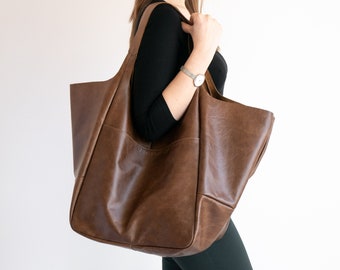 LARGE Dark BROWN LEATHER Tote Bag, Old Look Brown Handbag for Women, Distressed Bag, Slouchy Tote Women leather Weekender Oversized Bag