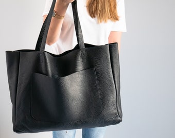 BLACK OVERSIZE SHOPPER Bag, Black Leather Shopper, Large Tote Bag, Shopping Bag, Xxl Handbag, Everyday Tote, Leather Handbag Front Pocket