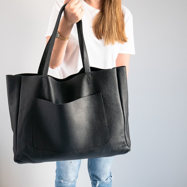 SCHWARZE OVERSIZE-SHOPPER-Tasche, schwarze Leder-Shopper, große Einkaufstasche, Einkaufstasche, Xxl-Handtasche, Alltagstasche, Leder-Handtasche-Vortasche