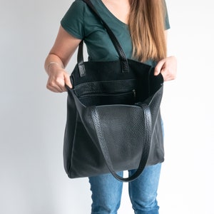 LARGE BLACK Shoulder Bag, Black Leather Shopper Bag, Shopping Bag, Bag for Work, Everyday Tote, Laptop Bag, Leather Purse, Big Tote Bag