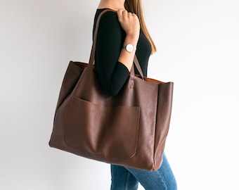 BROWN OVERSIZE SHOPPER Bag, Cognac Leather Shopper, Large Tote Bag, Shopping Bag, Everyday Xxl Handbag, Leather Handbag, External Pocket
