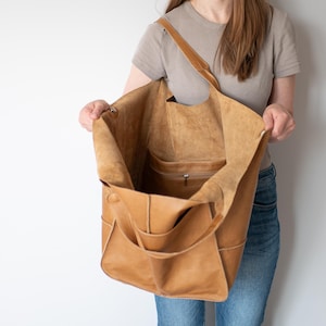 Camel Brown Leather Bag, Oversized Slouchy Hobo Tote for Women, Large Tan Shoulder Purse, Handmade Soft Leather, Everyday Carryall Work Tote
