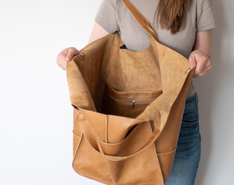 Kameelbruine leren tas, oversized Slouchy Hobo-tas voor vrouwen, grote bruine schoudertas, handgemaakt zacht leer, alledaagse draagtas