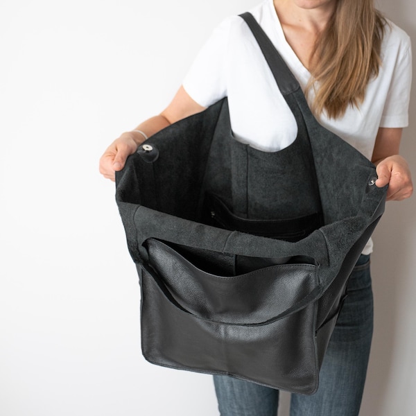 BLACK Shoulder bag, Weekender Oversized bag, Slouchy Tote, Soft Leather Bag, Everyday Bag, Women leather bag, Black Handbag for Women