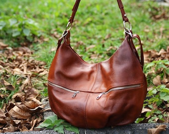 Bolso HOBO de piel color marrón coñac - Bolso bandolera de piel para uso diario - Bolso de mano de piel - Bolso de hombro de piel para mujer