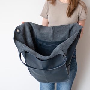 Slouchy Navy Blue Leather Bag, Large Tote, Oversized Hobo, Pebbled Leather Shoulder Purse, Everyday Carryall, Minimalist Work Bag, Shopper