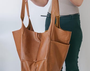 Schoudertas van kameelleer, extra grote tas, grote bruine handtas, draagtas voor dagelijks gebruik, ruime shopper voor dames, XL-weekendtas, zachte schoudertas