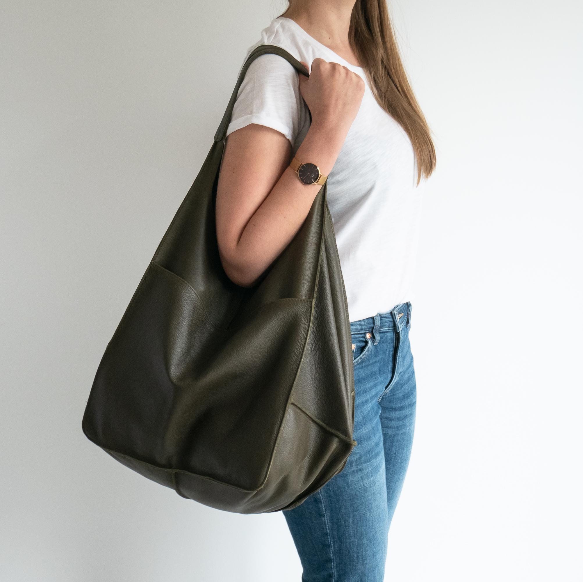 Dark Olive Green SHOULDER HOBO BAG, Oversize Leather Bag