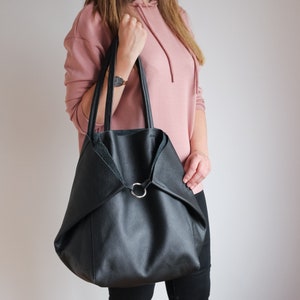 Black OVERSIZE SHOPPER Bag Large Leather Tote Bag Big Shoulder Bag Travel Bag Shopping Bag Oversized Tote Everyday Purse, Black image 4