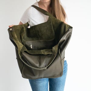 SAC À MAIN OVERSIZE vert olive FONCÉ, grand sac à bandoulière, sac en cuir, grand fourre-tout en cuir, grand fourre-tout en cuir, sac à main en cuir pour femme, sac hobo porté épaule