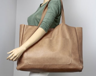 Bolso shopper extragrande color camel, de piel marrón camel, bolso shopper, bolso tote grande, bolso de compras, bolso grande, bolso tote para uso diario, bolso de piel con bolsillo