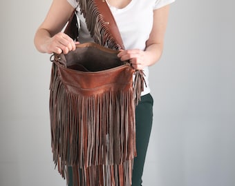 Bohemian Cognac Leather Bag with Fringes, Crossbody Brown Purse, Western Boho Festival Bag, Hippie Shoulder Bag, Long Fringes Brown Purse