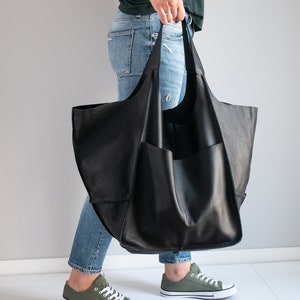 BLACK Shoulder bag, Weekender Oversized bag, Slouchy Tote, Soft Leather Bag, Everyday Bag, Women leather bag, Black Handbag for Women image 2