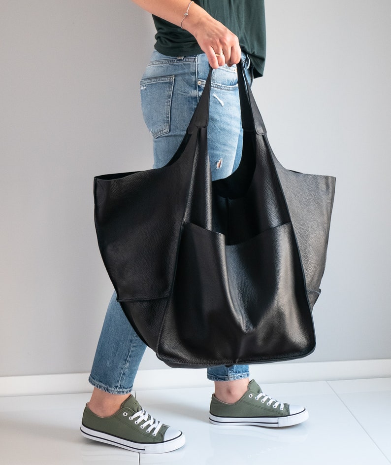 BLACK Shoulder bag, Weekender Oversized bag, Slouchy Tote, Soft Leather Bag, Everyday Bag, Women leather bag, Black Handbag for Women image 2