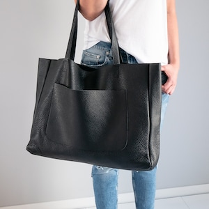 BLACK OVERSIZE SHOPPER Bag, Black Leather Shopper, Large Tote Bag ...