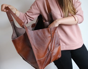COGNAC LEATHER TOTE bag, Weekender Oversized bag, Slouchy Tote, Cognac Brown Handbag for Women, Everyday Bag, Women leather bag