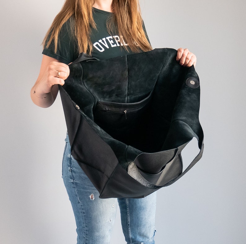 BLACK Shoulder bag, Weekender Oversized bag, Slouchy Tote, Soft Leather Bag, Everyday Bag, Women leather bag, Black Handbag for Women image 9