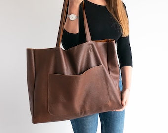 BROWN OVERSIZE SHOPPER Bag, Cognac Leather Shopper, Large Tote Bag, Shopping Bag, Xxl Handbag, Everyday Tote, Leather Handbag with Pockets